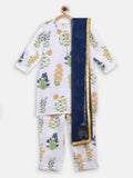 Ahalyaa White Cotton Straight Floral Printed Kids Kurta Pant Sets With Dupatta For Girls | Grocsy