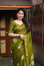 Mehndi Cotton Crepe Batik Print Saree with Unstitched Blouse - Hiral Fashion | Grocsy
