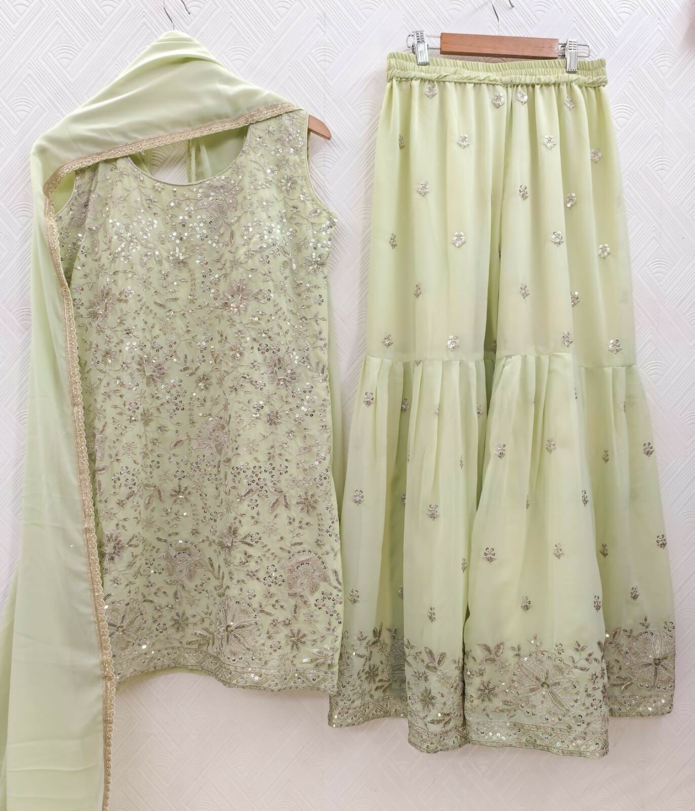 Teeya Creation Womens Georgette Green Embroidered Sharara Set With Sequence Work And Lace Border Dupatta | Grocsy
