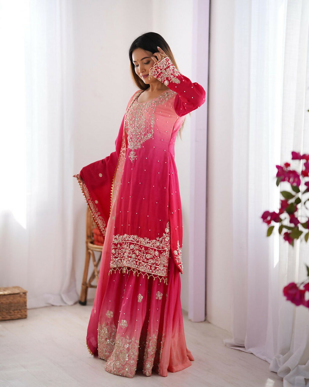 The52 Women's Beautiful Chinon silk Fabric Embroidery Work Straight Kurta Palazzo and Dupatta Set | Grocsy