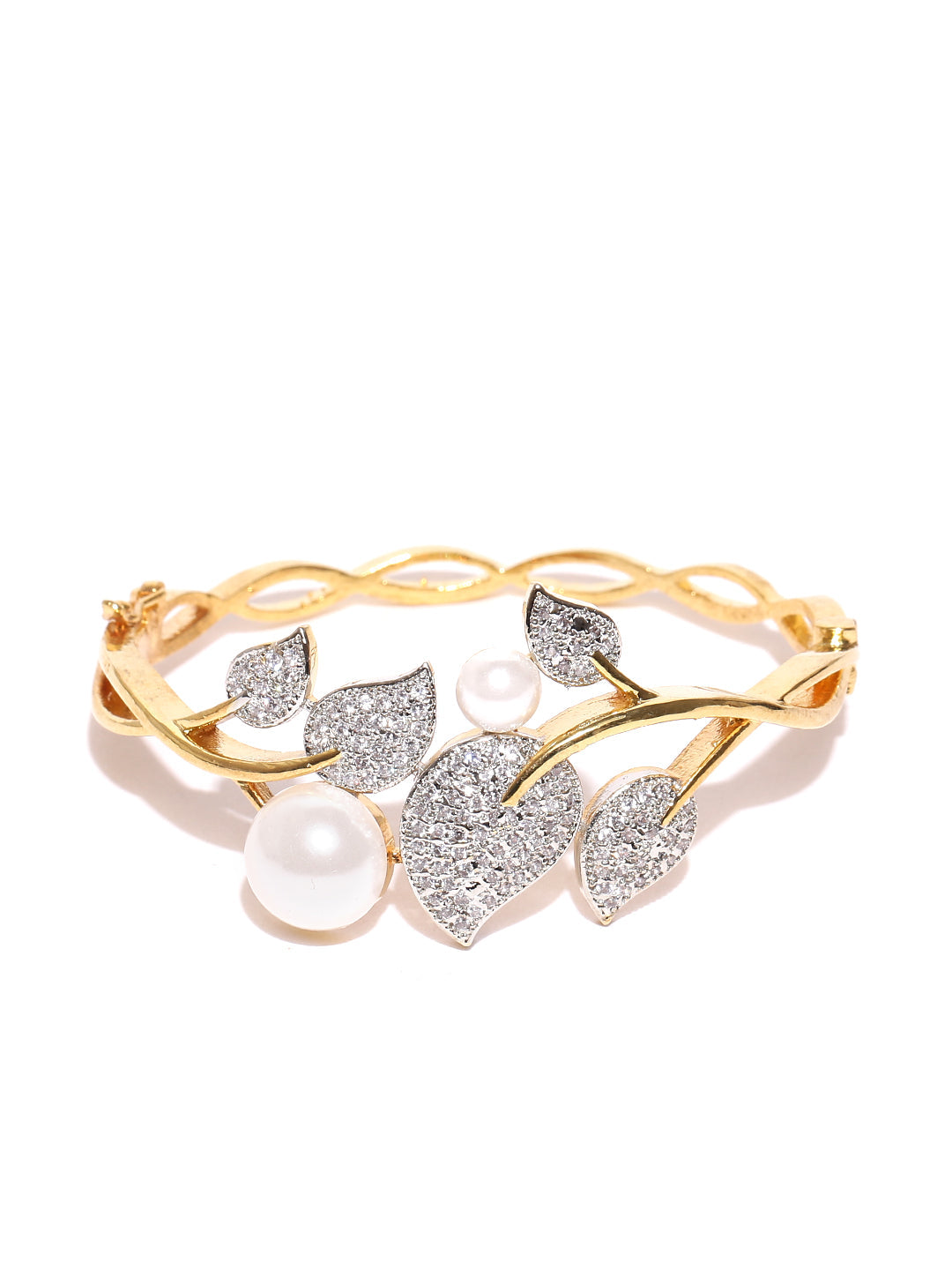 Priyaasi Women Gold-Polished American Diamond and Pearls Studded Bracelet in Floral Pattern - Swadesiicart