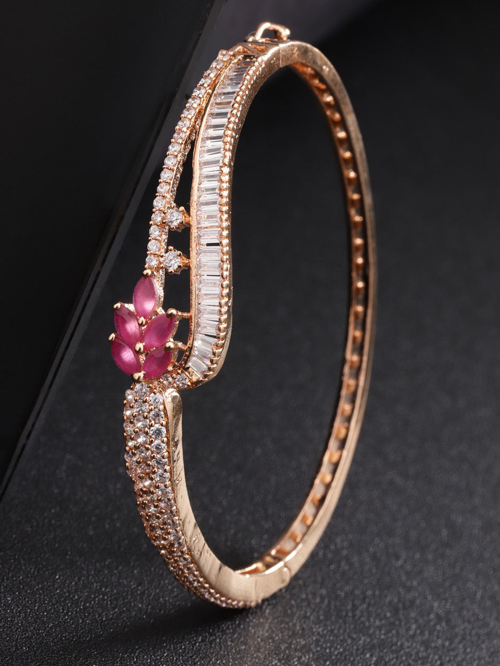 Priyaasi Women Rose Gold-Polished Ruby and American Diamond Studded Bracelet in Floral Pattern - Noz2Toz