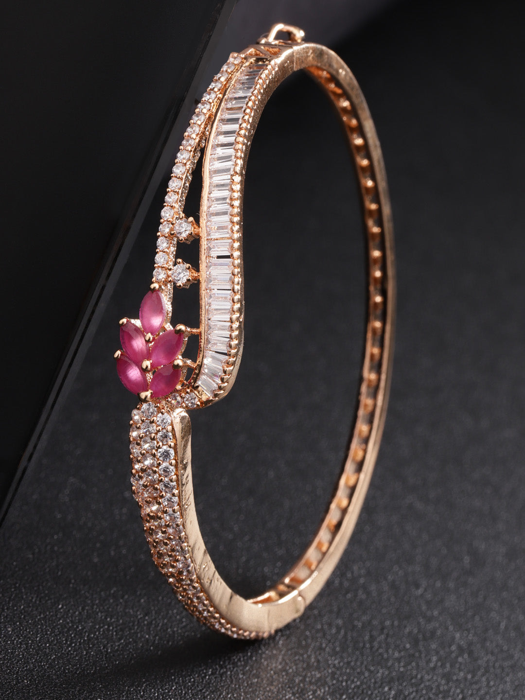 Priyaasi Women Rose Gold-Polished Ruby and American Diamond Studded Bracelet in Floral Pattern - Noz2Toz