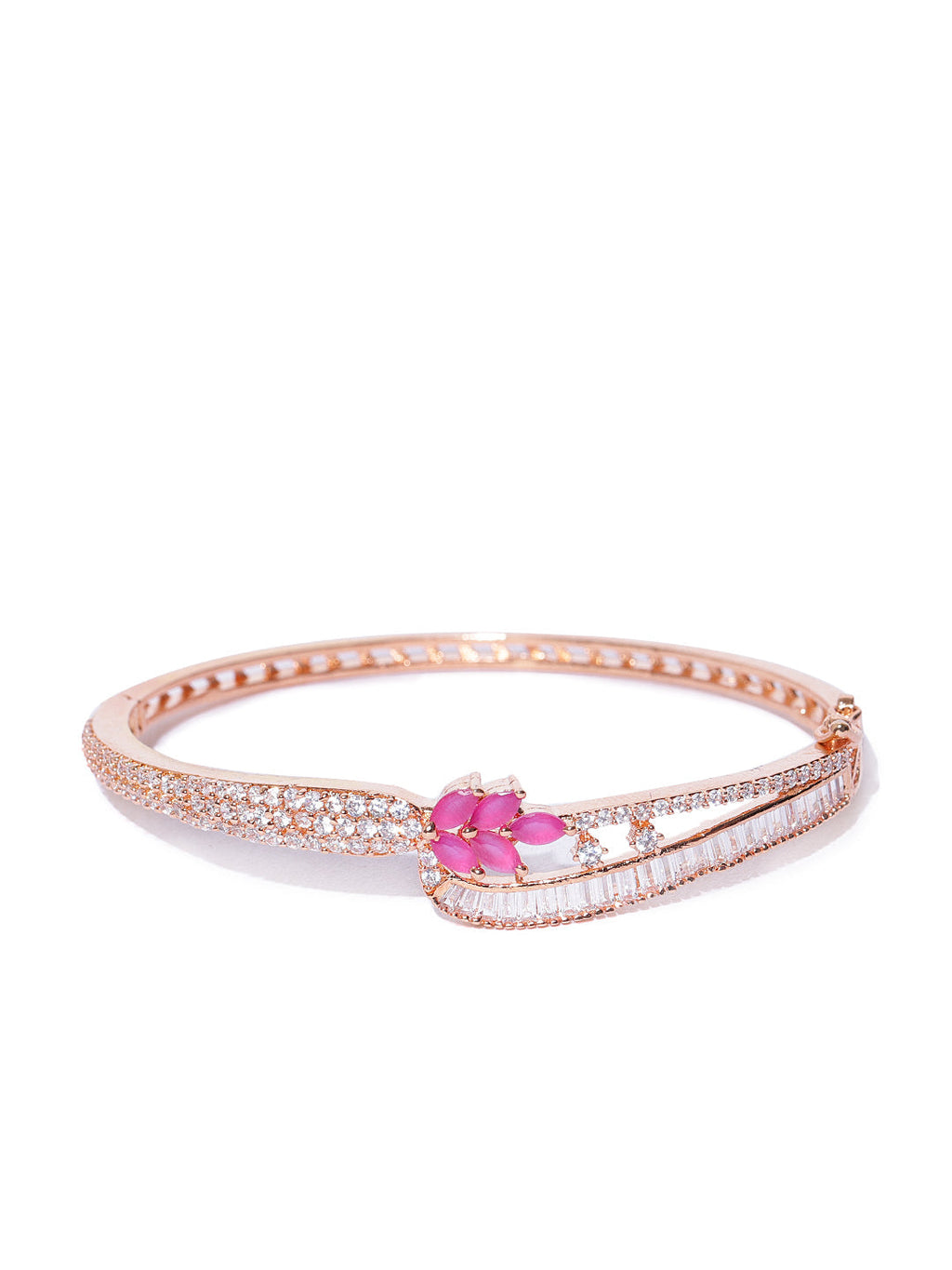 Priyaasi Women Rose Gold-Polished Ruby and American Diamond Studded Bracelet in Floral Pattern - Swadesiicart