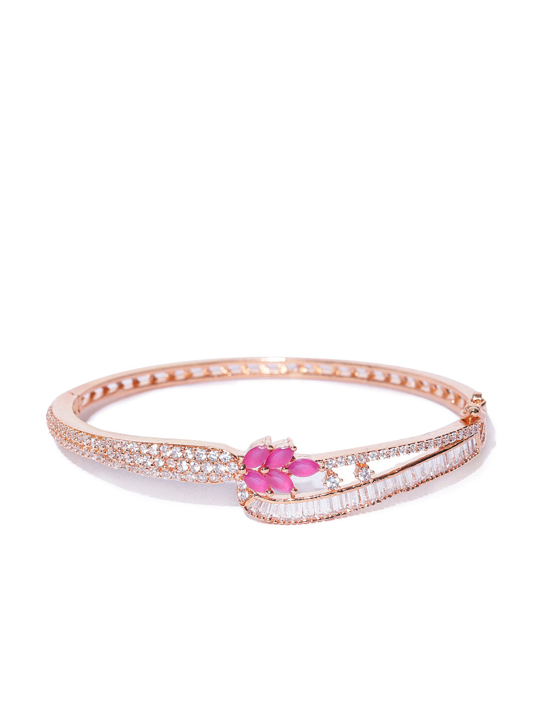 Priyaasi Women Rose Gold-Polished Ruby and American Diamond Studded Bracelet in Floral Pattern - Swadesiicart