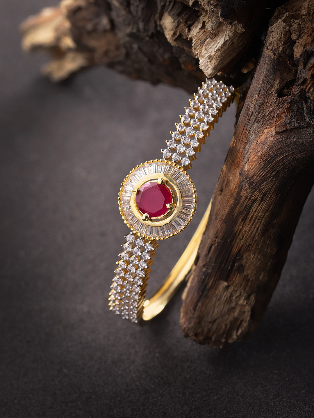 Priyaasi Women Gold-Polished American Diamond and Ruby Studded Bracelet in Pink Color - Noz2Toz