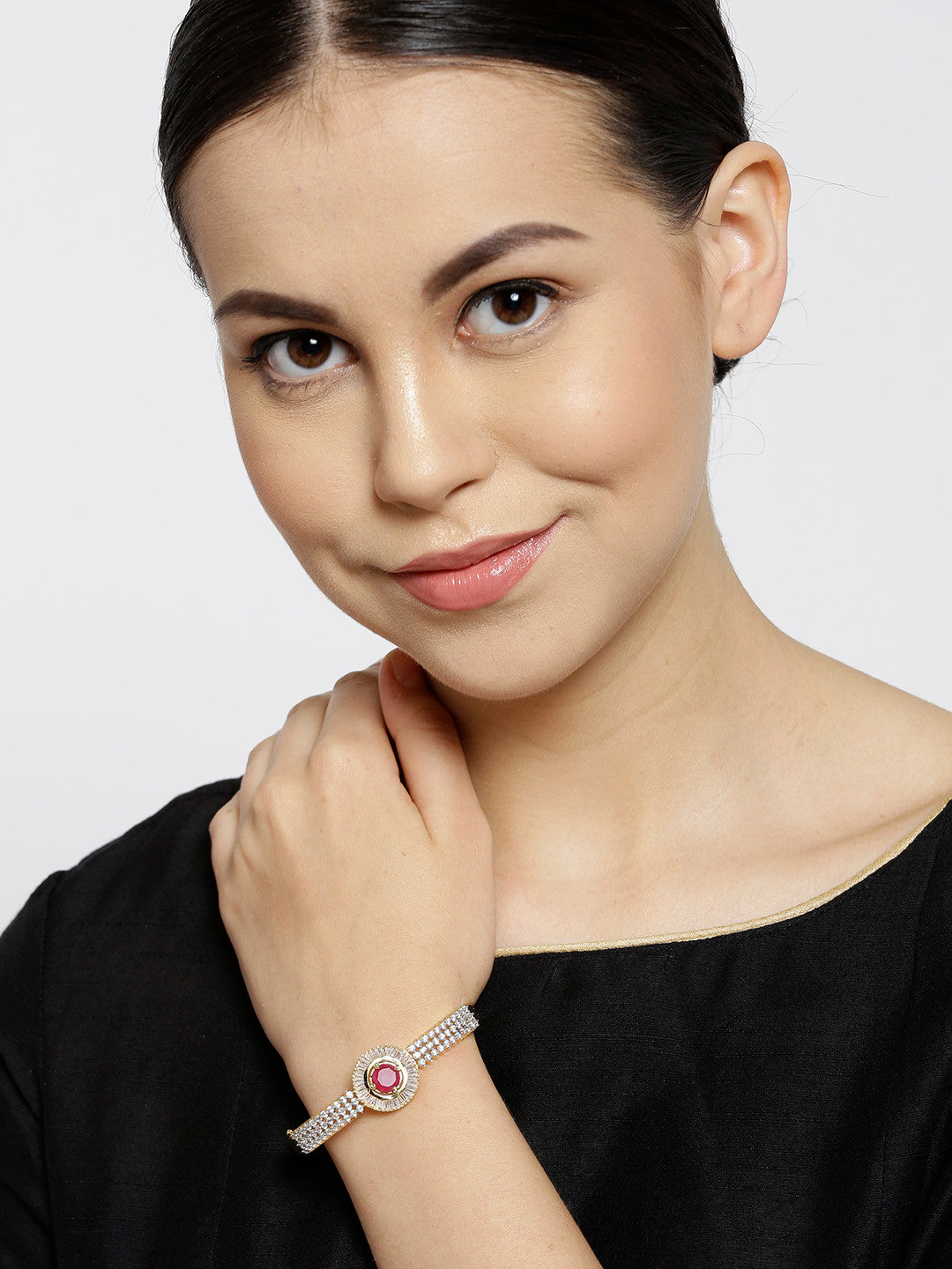 Priyaasi Women Gold-Polished American Diamond and Ruby Studded Bracelet in Pink Color - Swadesiicart