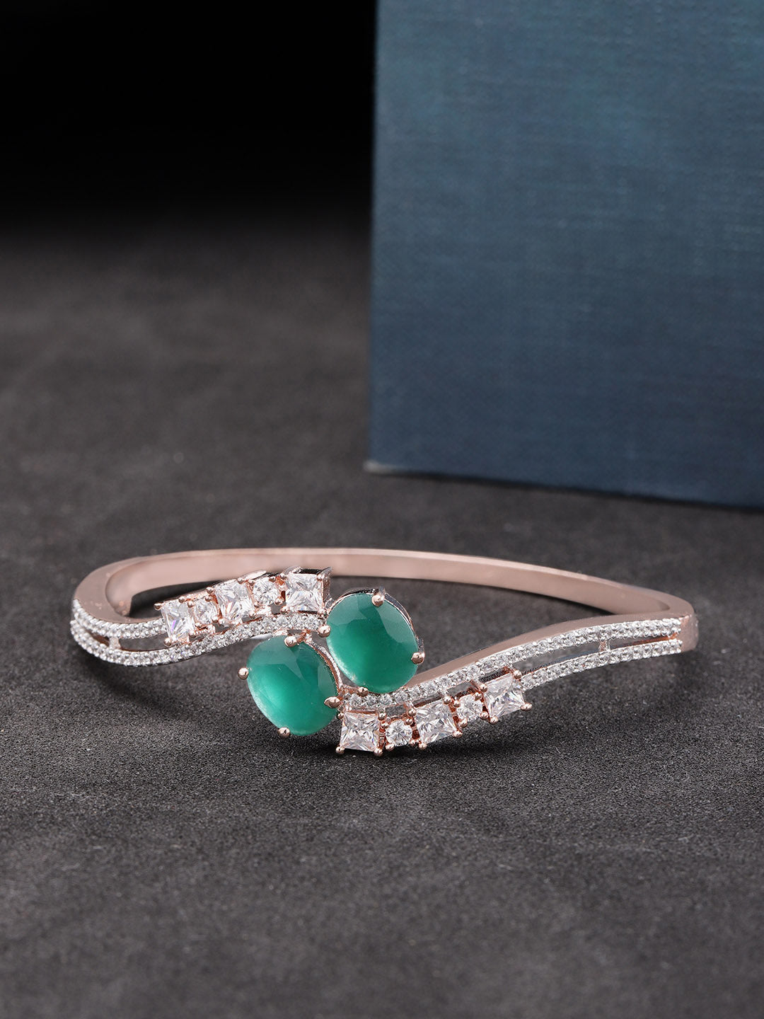 Priyaasi Women Rose Gold-Polished American Diamond and Emerald Studded Bracelet in Green Color - Noz2Toz