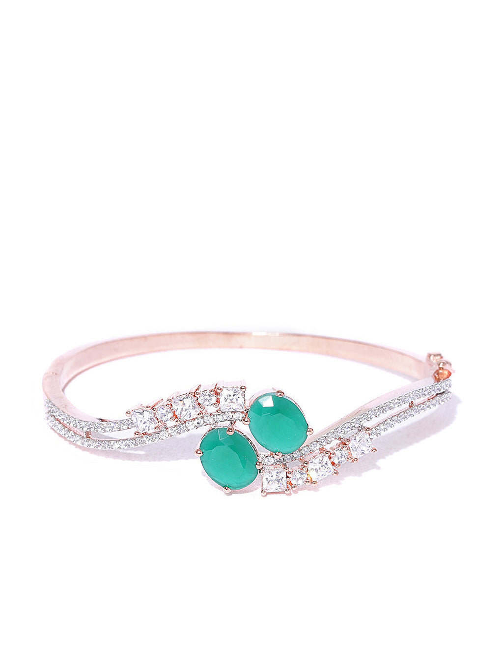 Priyaasi Women Rose Gold-Polished American Diamond and Emerald Studded Bracelet in Green Color - Swadesiicart