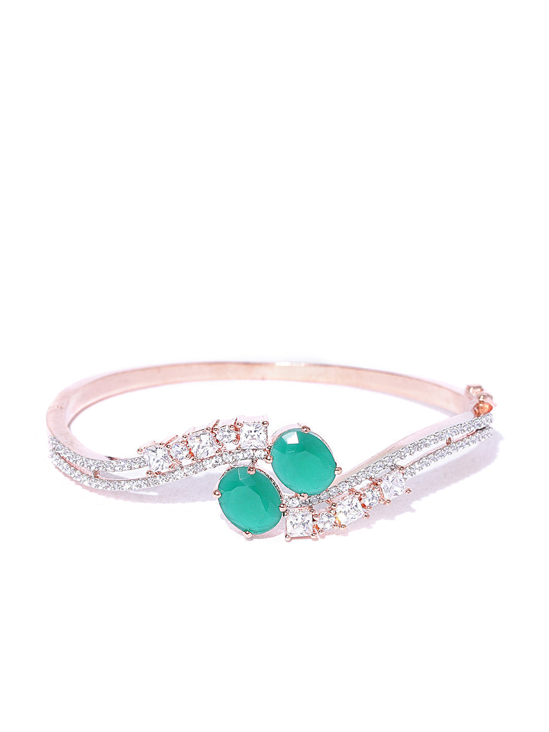 Priyaasi Women Rose Gold-Polished American Diamond and Emerald Studded Bracelet in Green Color - Swadesiicart