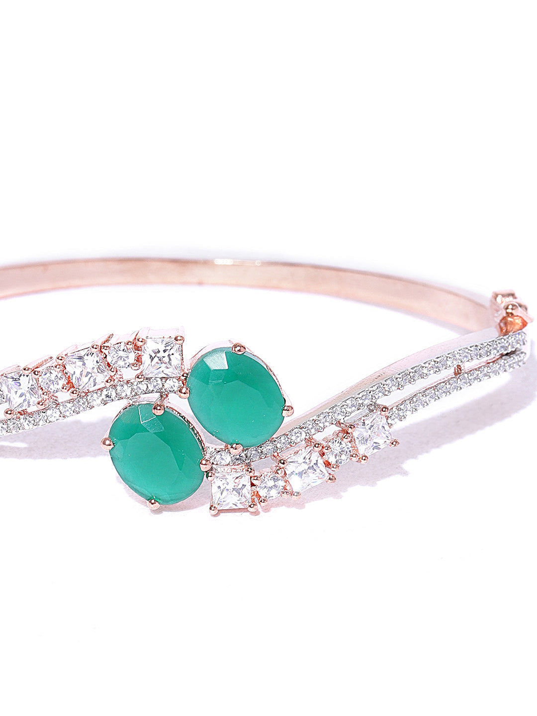 Priyaasi Women Rose Gold-Polished American Diamond and Emerald Studded Bracelet in Green Color - Swadesiicart