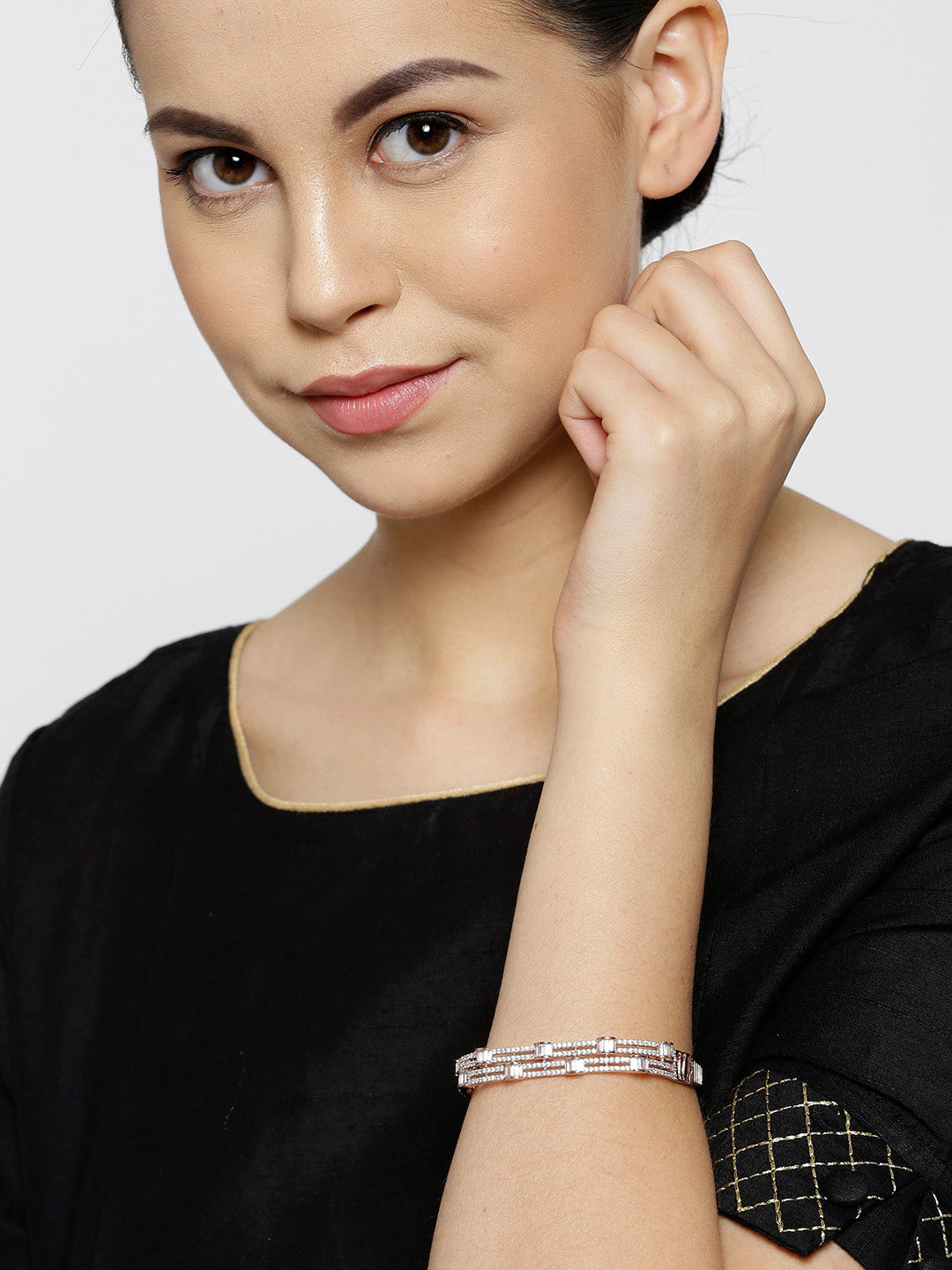 Priyaasi Women Rose Gold-Polished American Diamond Studded Bracelet in Square Shape - Swadesiicart