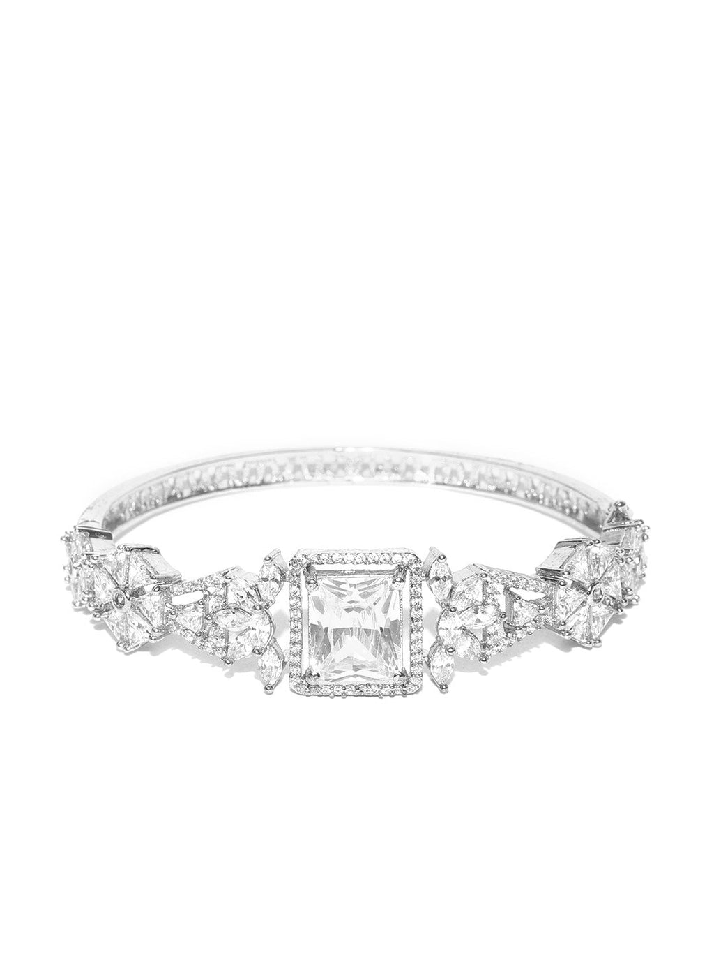 Priyaasi Women Silver-Plated and American Diamond Studded Bracelet in Floral Pattern - Swadesiicart