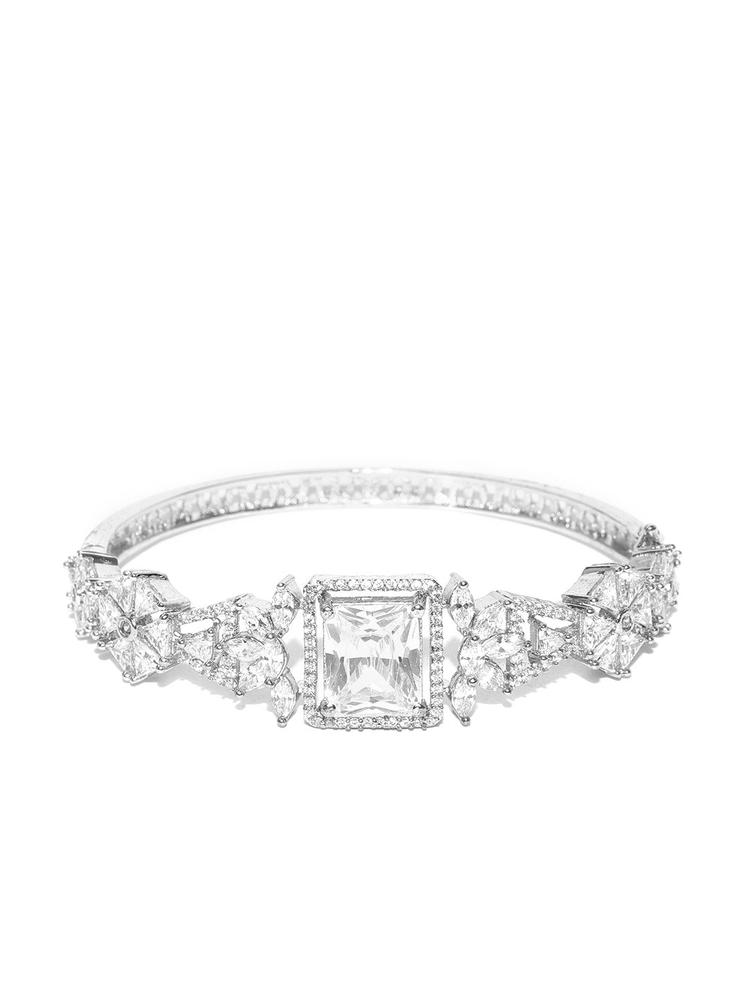 Priyaasi Women Silver-Plated and American Diamond Studded Bracelet in Floral Pattern - Swadesiicart