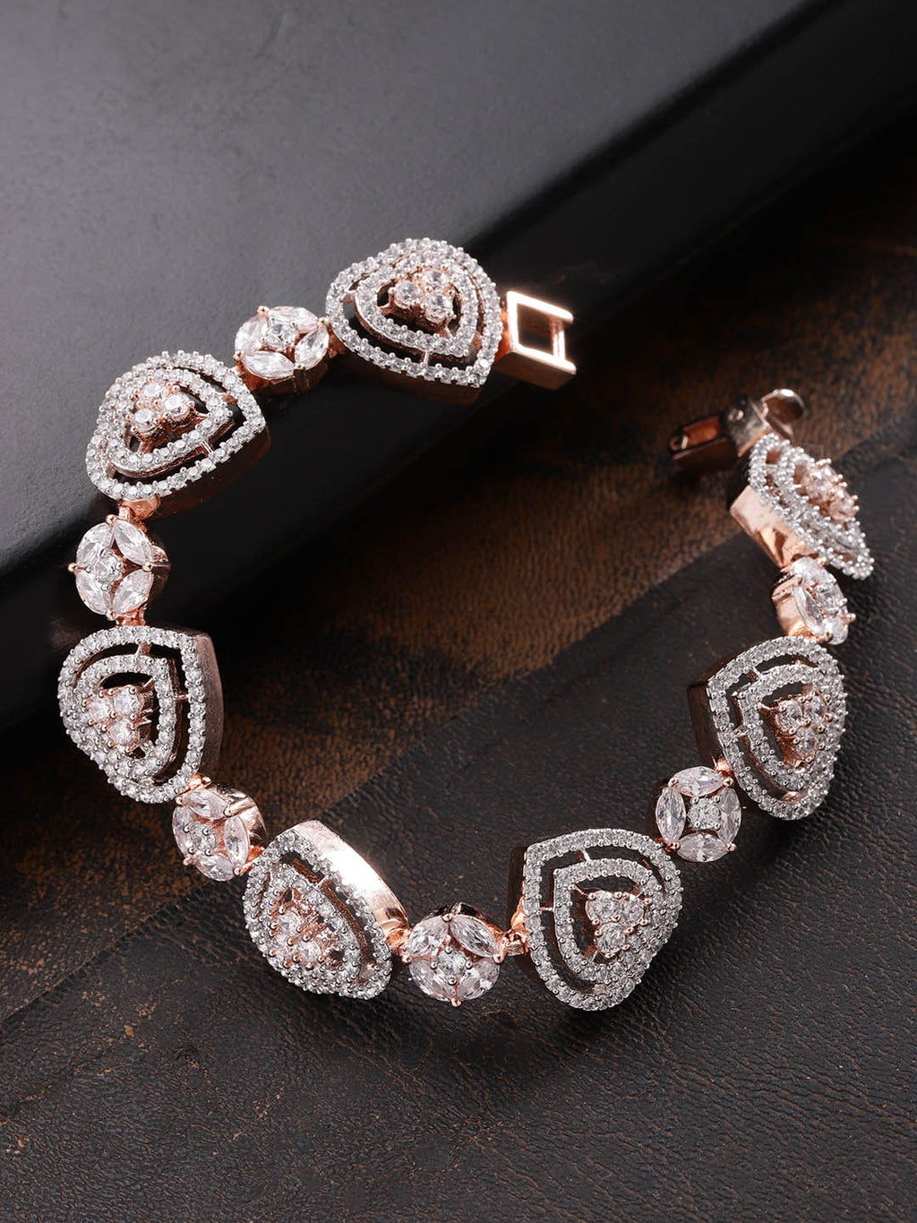 Priyaasi Women Rose Gold-Polished American Diamond Studded Link Bracelet in Heart Pattern - Noz2Toz