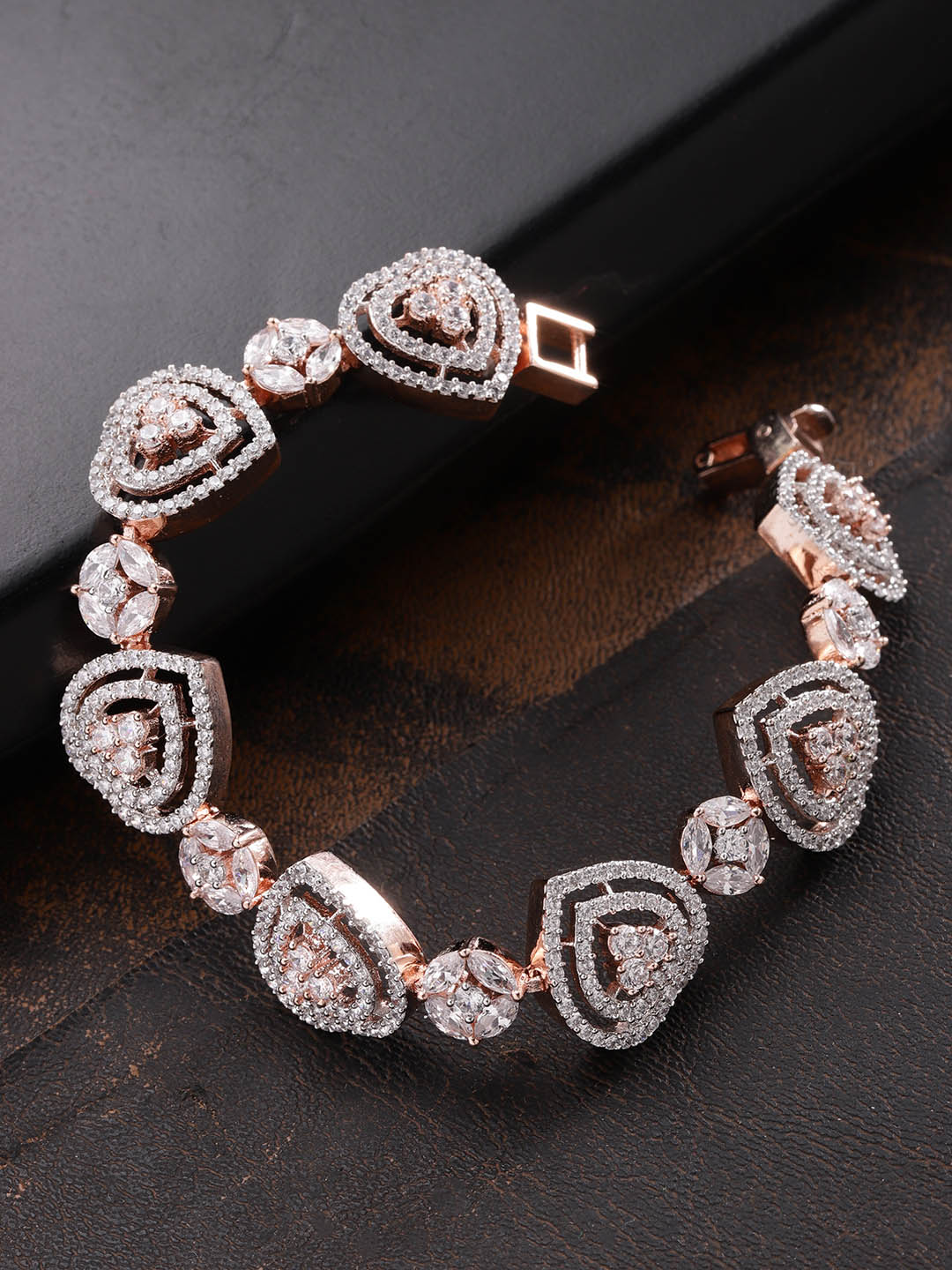 Priyaasi Women Rose Gold-Polished American Diamond Studded Link Bracelet in Heart Pattern - Noz2Toz