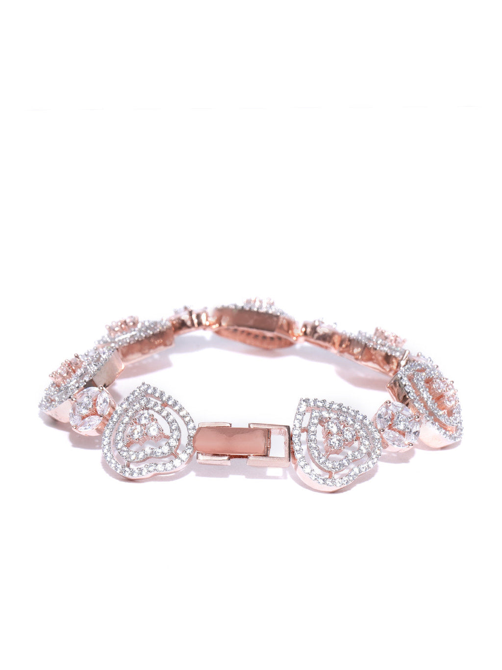 Priyaasi Women Rose Gold-Polished American Diamond Studded Link Bracelet in Heart Pattern - Swadesiicart
