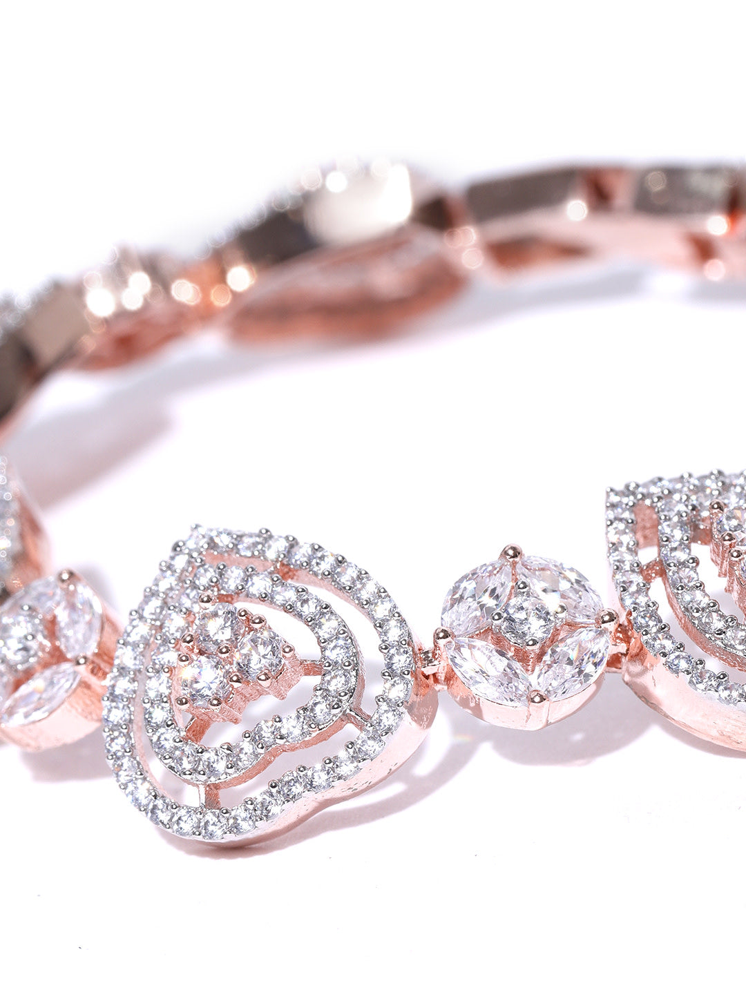 Priyaasi Women Rose Gold-Polished American Diamond Studded Link Bracelet in Heart Pattern - Swadesiicart