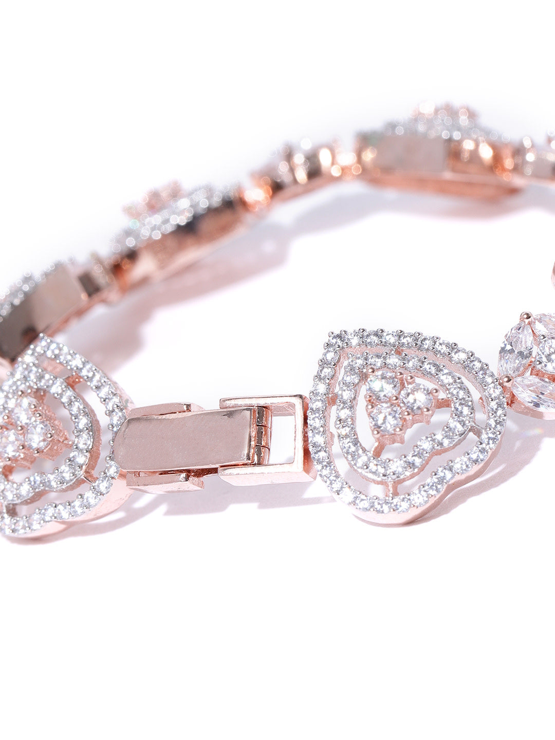 Priyaasi Women Rose Gold-Polished American Diamond Studded Link Bracelet in Heart Pattern - Swadesiicart