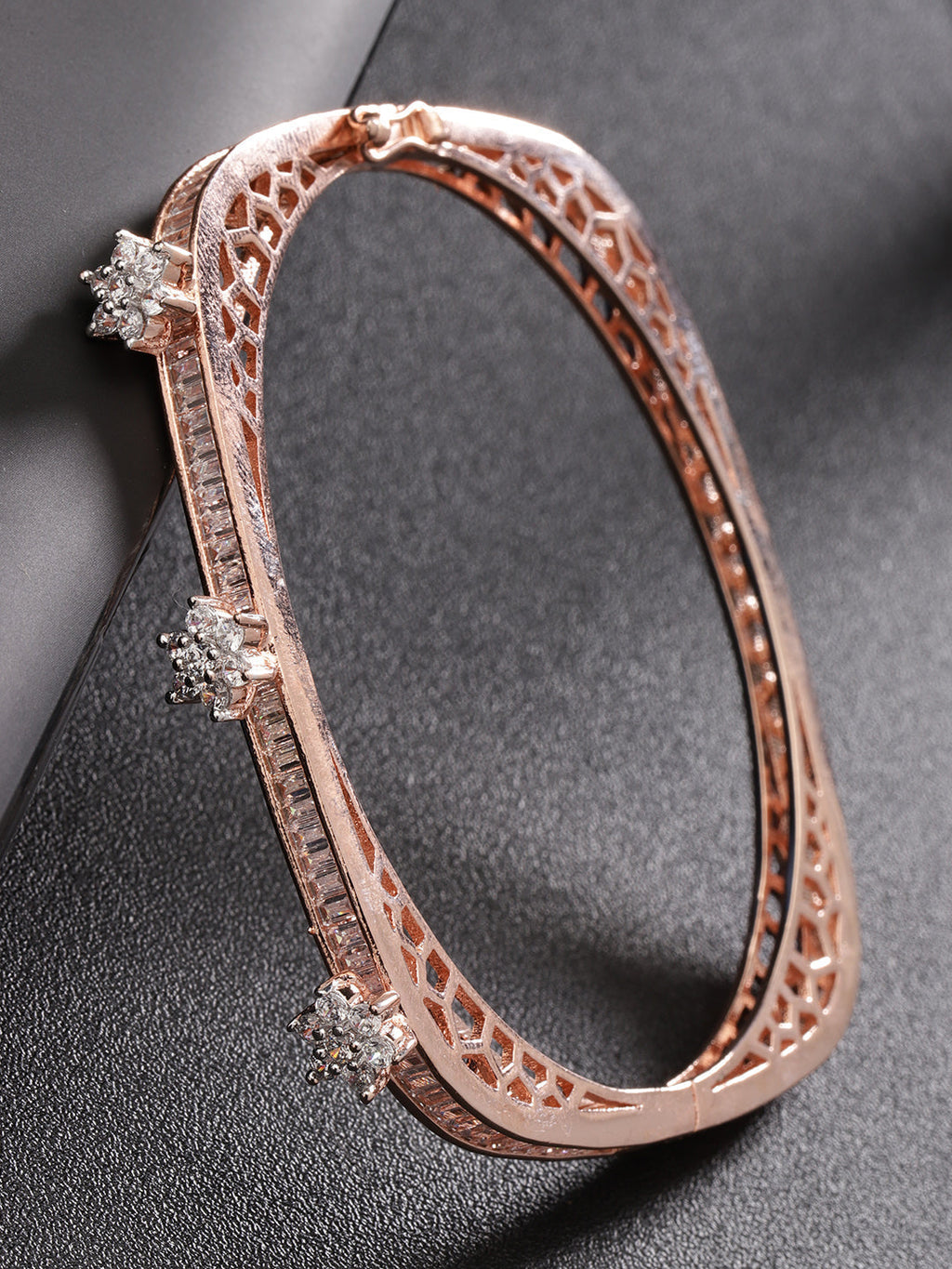 Priyaasi Women Rose Gold-Polished American Diamond Studded, Floral Patterned Bracelet in Square Shape - Noz2Toz