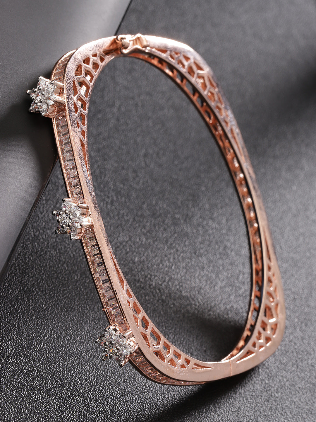 Priyaasi Women Rose Gold-Polished American Diamond Studded, Floral Patterned Bracelet in Square Shape - Noz2Toz