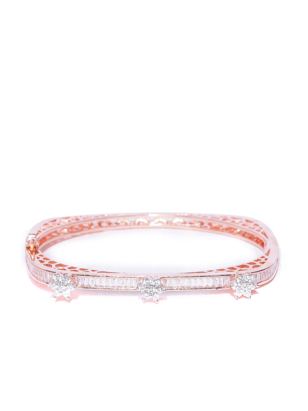 Priyaasi Women Rose Gold-Polished American Diamond Studded, Floral Patterned Bracelet in Square Shape - Swadesiicart