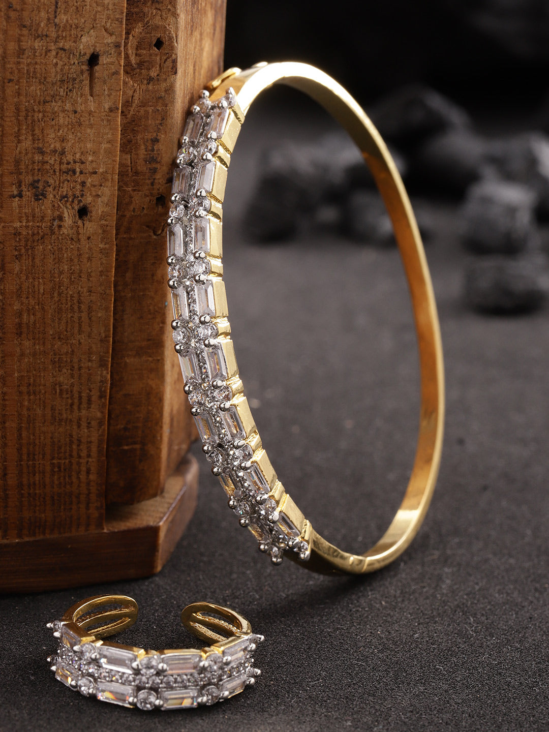 Priyaasi Women Gold-Polished American Diamond Studded Bracelet With Finger Ring - Noz2Toz