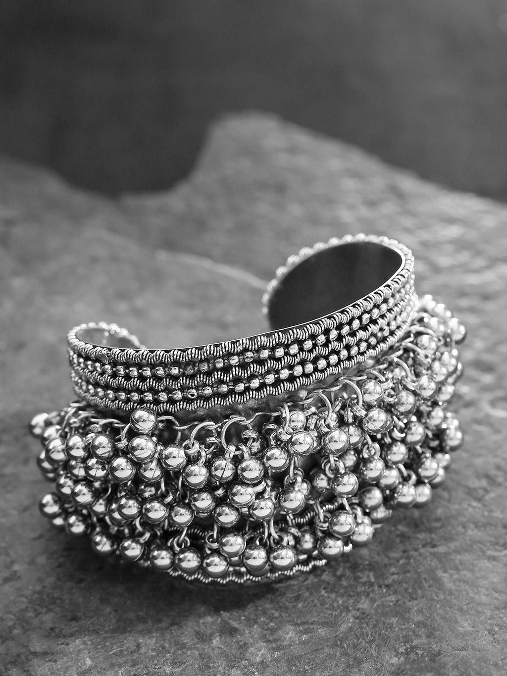 Priyaasi Women Oxidised Silver-Toned Ghungroo Handcrafted Cuff Bracelet - Noz2Toz