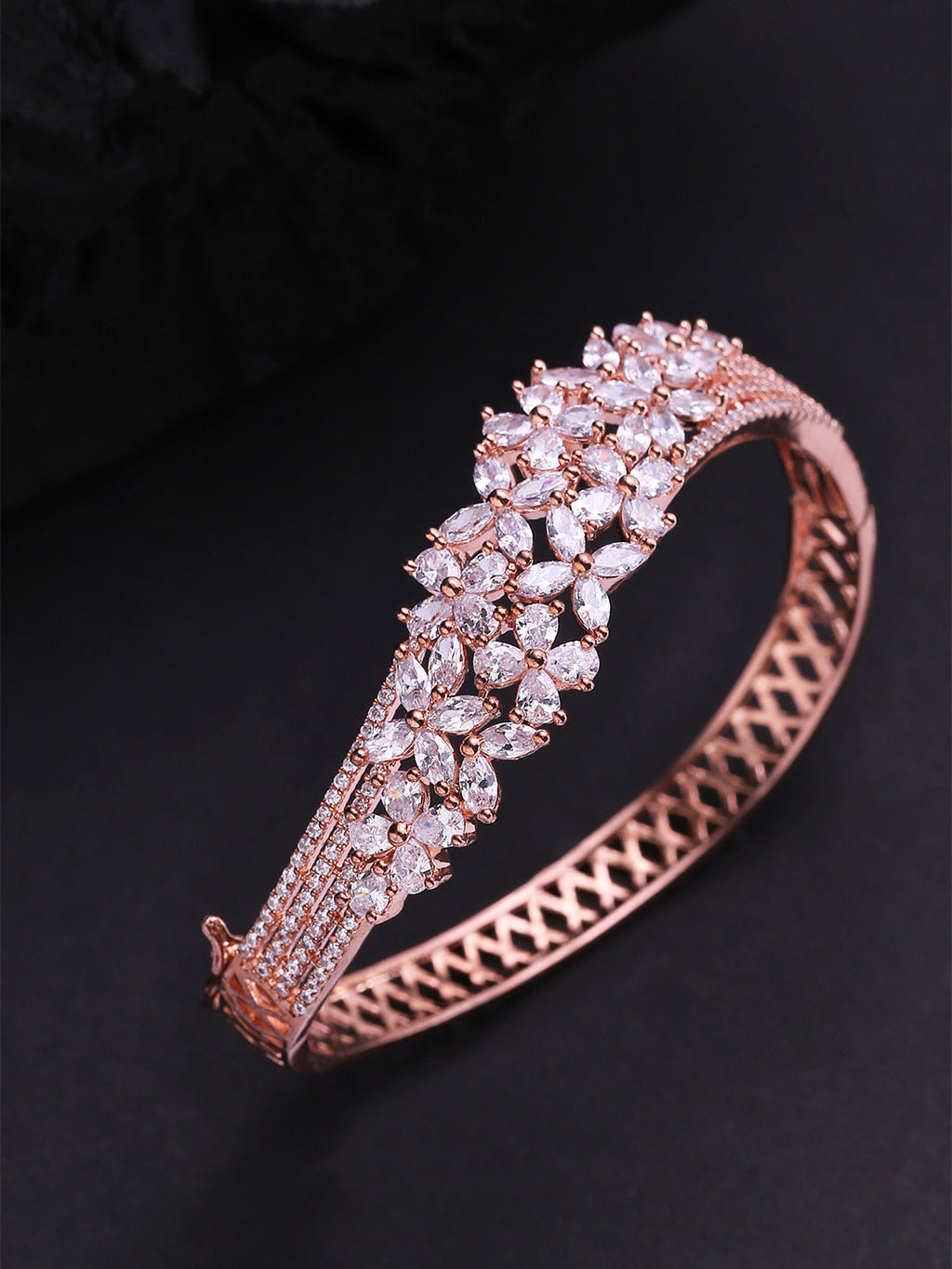 Priyaasi Women Rose Gold-Polished American Diamond Studded Bracelet in Floral Pattern - Noz2Toz