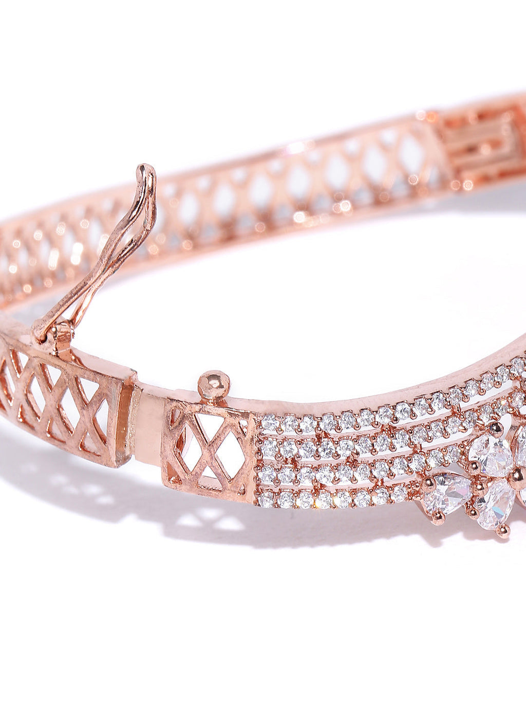 Priyaasi Women Rose Gold-Polished American Diamond Studded Bracelet in Floral Pattern - Swadesiicart