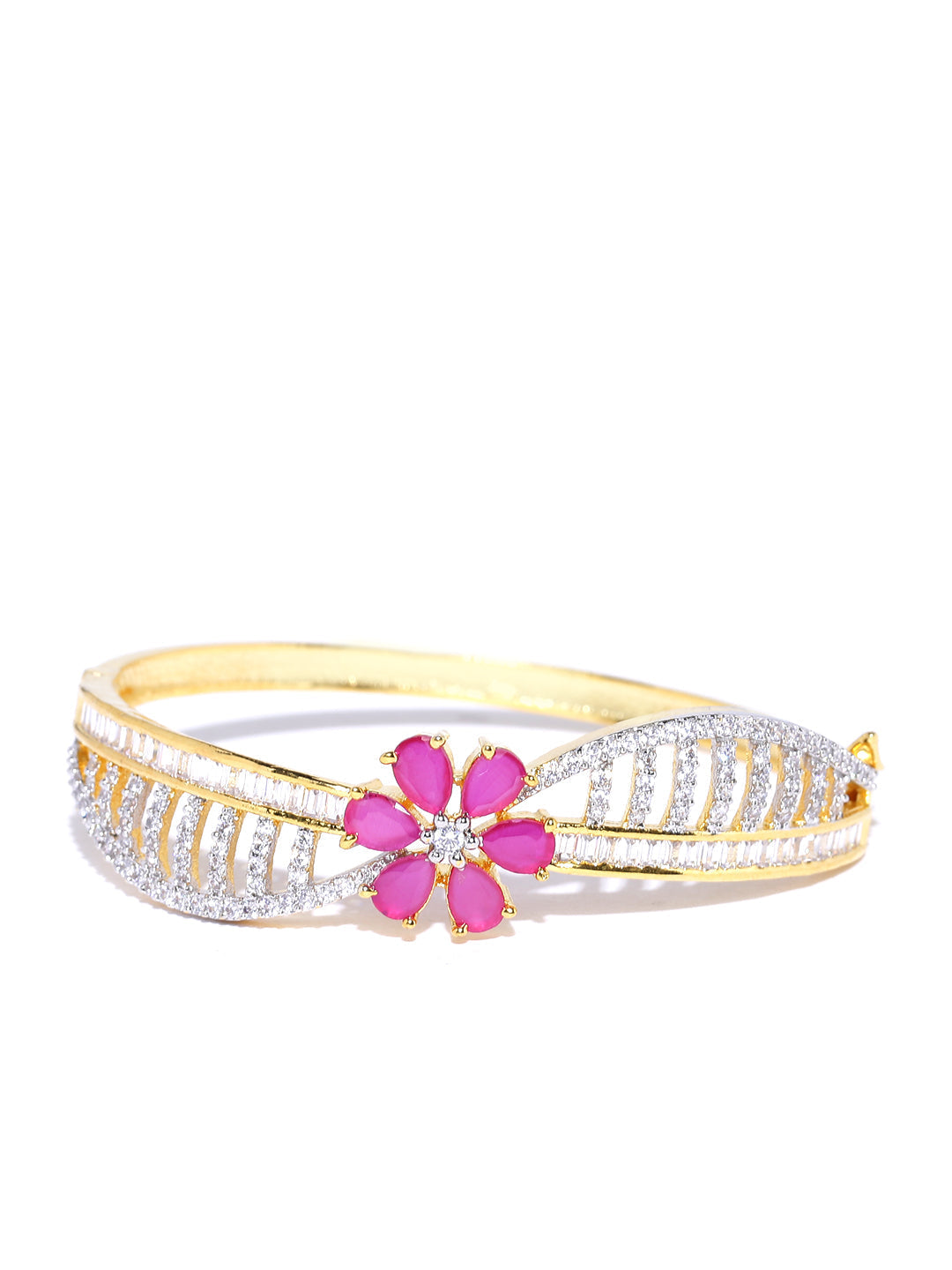 Priyaasi Women Gold-Polished American Diamond and Ruby Studded Floral Patterned Bracelet in Pink Color - Swadesiicart