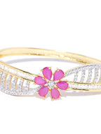 Priyaasi Women Gold-Polished American Diamond and Ruby Studded Floral Patterned Bracelet in Pink Color - Swadesiicart