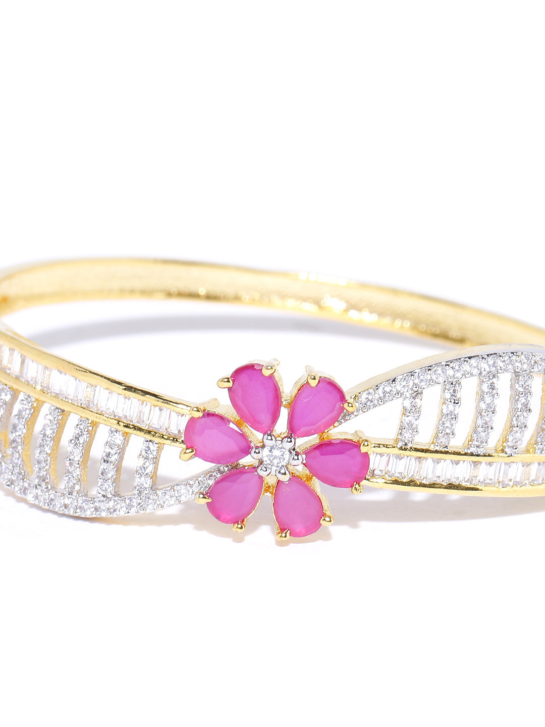 Priyaasi Women Gold-Polished American Diamond and Ruby Studded Floral Patterned Bracelet in Pink Color - Swadesiicart