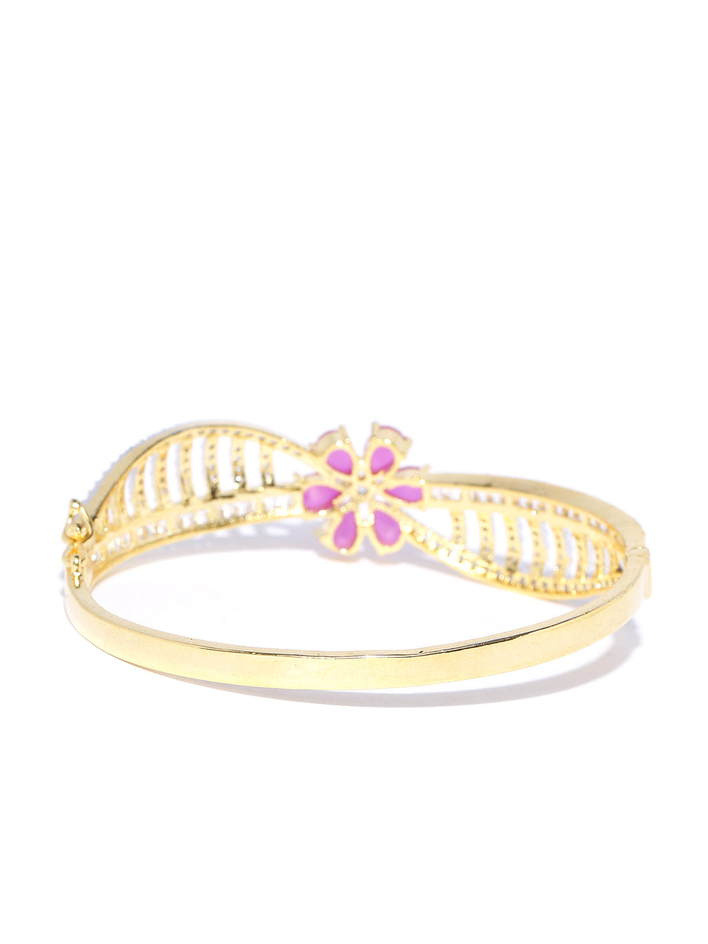 Priyaasi Women Gold-Polished American Diamond and Ruby Studded Floral Patterned Bracelet in Pink Color - Swadesiicart