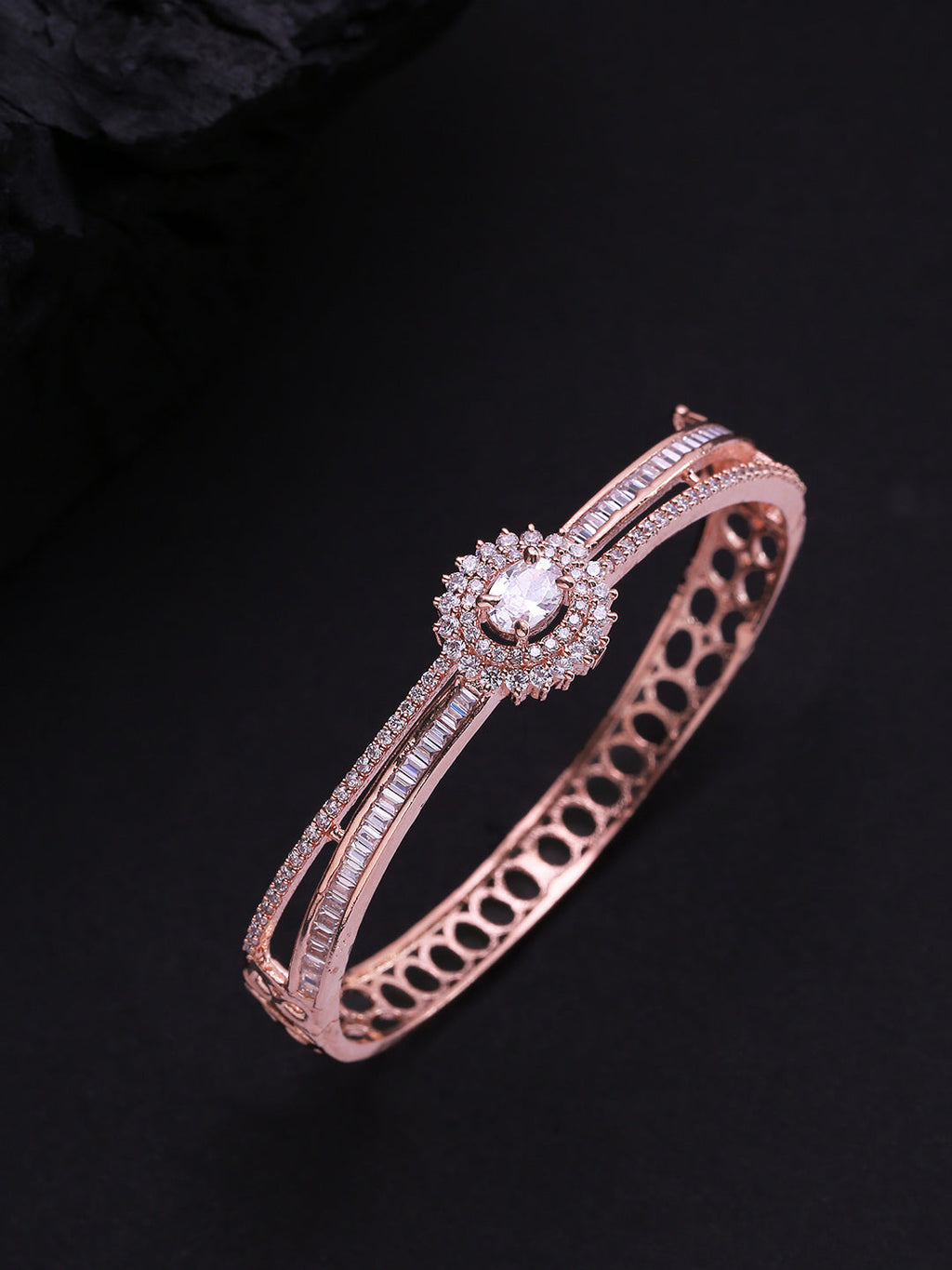Priyaasi Women Gold-Polished American Diamond Studded Dual Toned Floral Cuff Bracelet - Noz2Toz