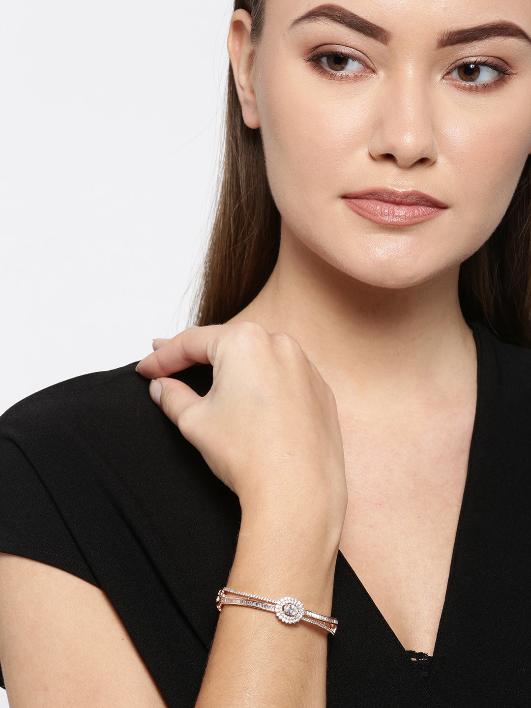 Priyaasi Women Gold-Polished American Diamond Studded Dual Toned Floral Cuff Bracelet - Swadesiicart