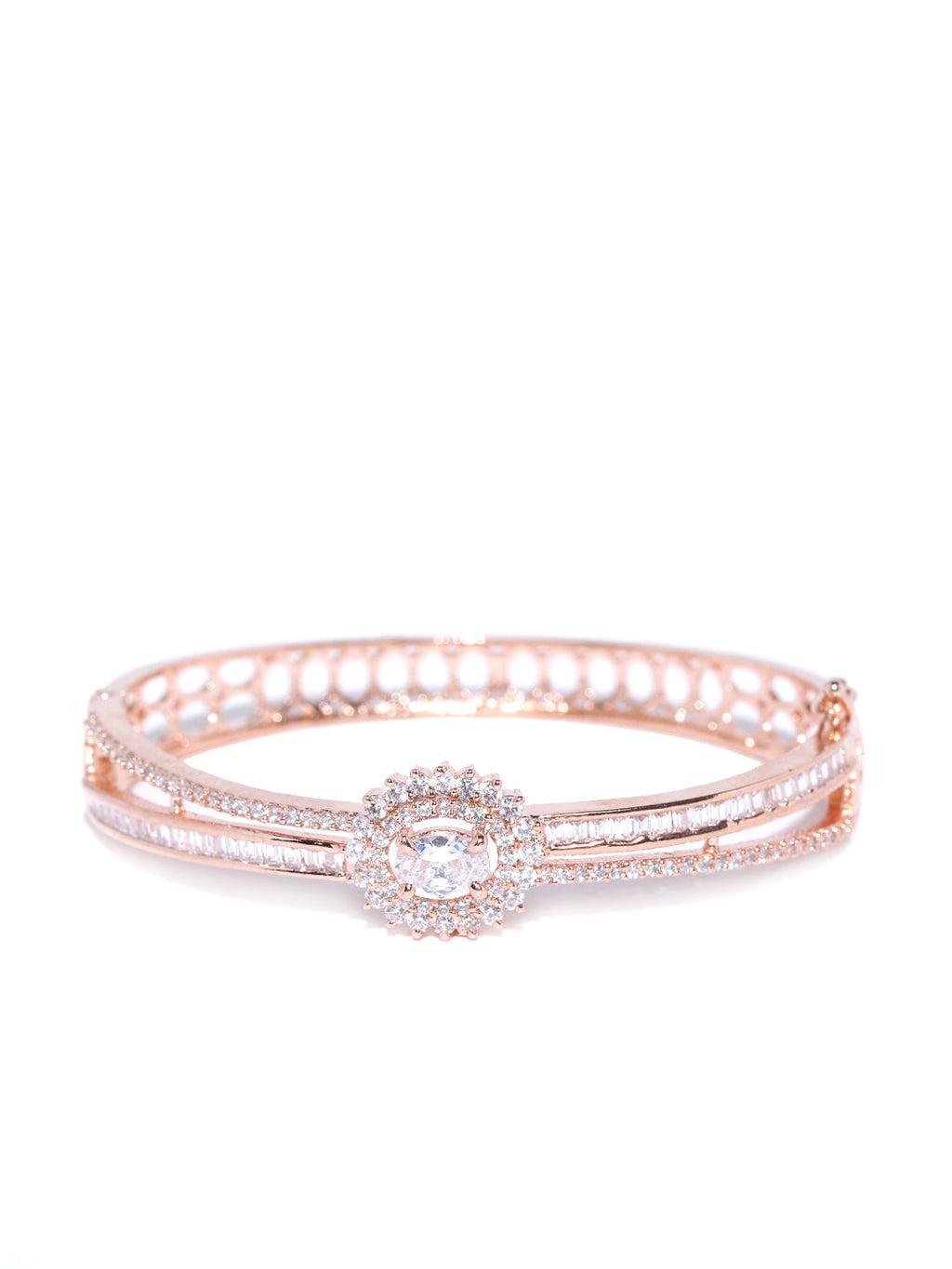 Priyaasi Women Gold-Polished American Diamond Studded Dual Toned Floral Cuff Bracelet - Swadesiicart