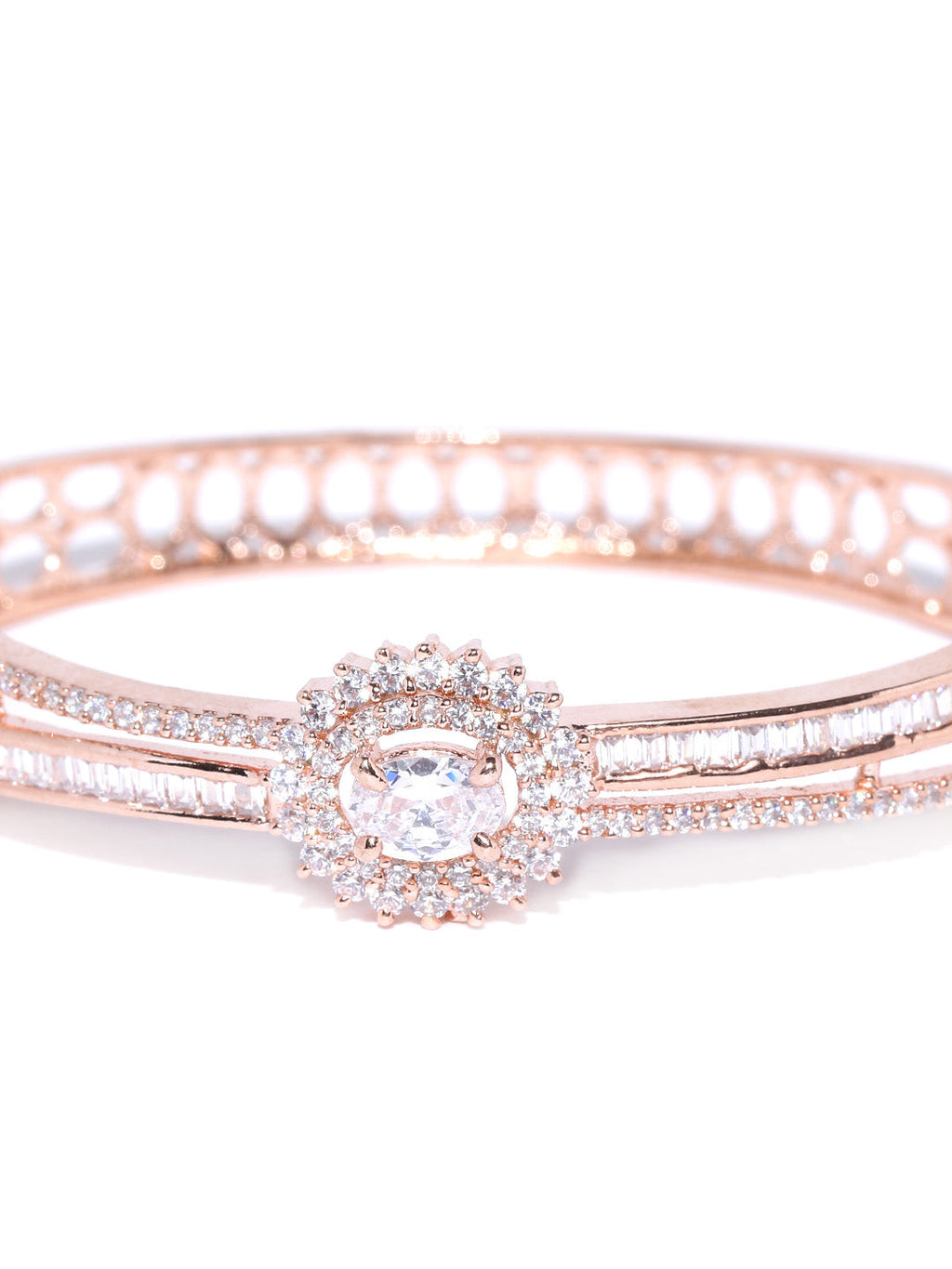 Priyaasi Women Gold-Polished American Diamond Studded Dual Toned Floral Cuff Bracelet - Swadesiicart