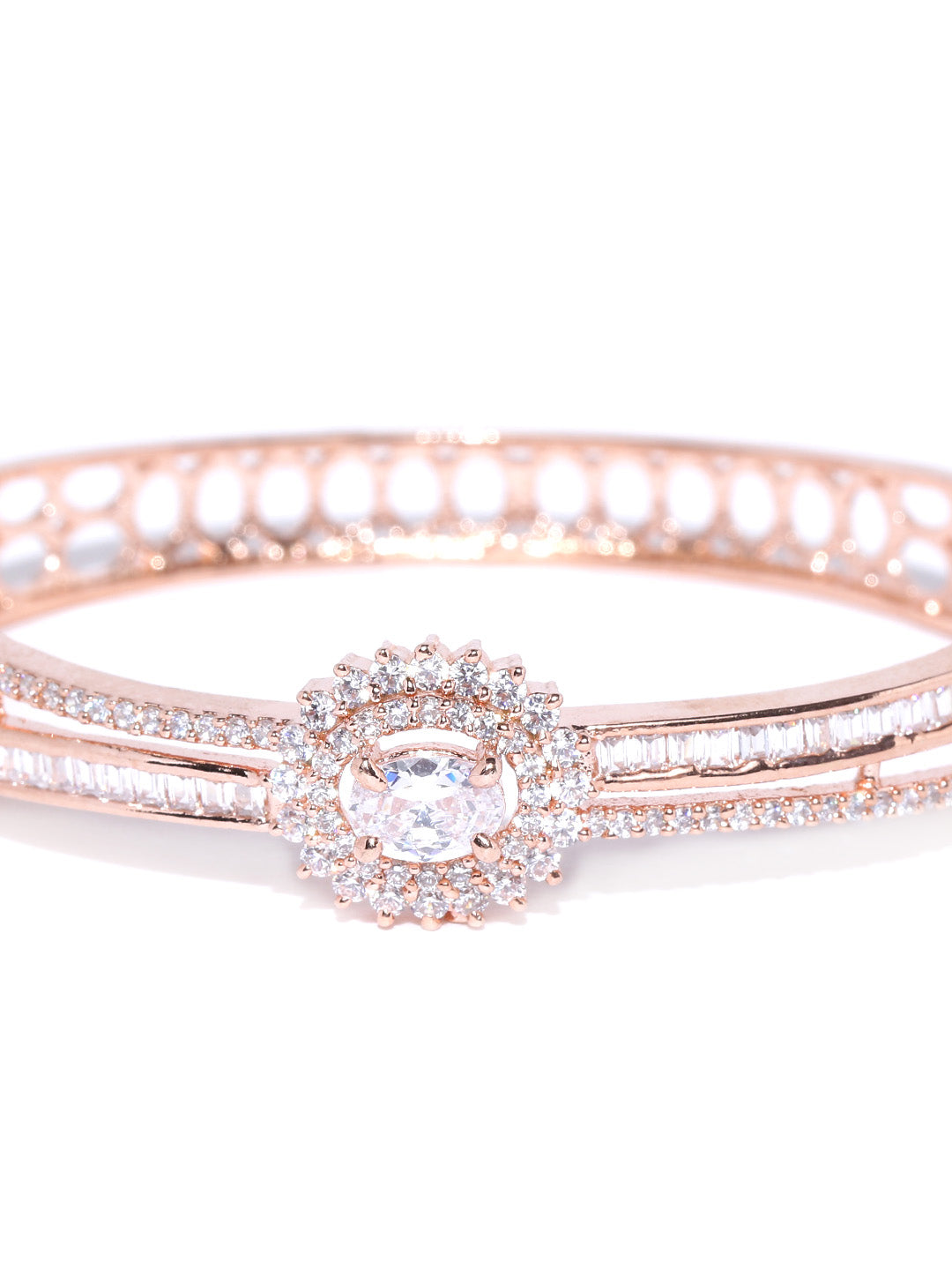 Priyaasi Women Gold-Polished American Diamond Studded Dual Toned Floral Cuff Bracelet - Swadesiicart