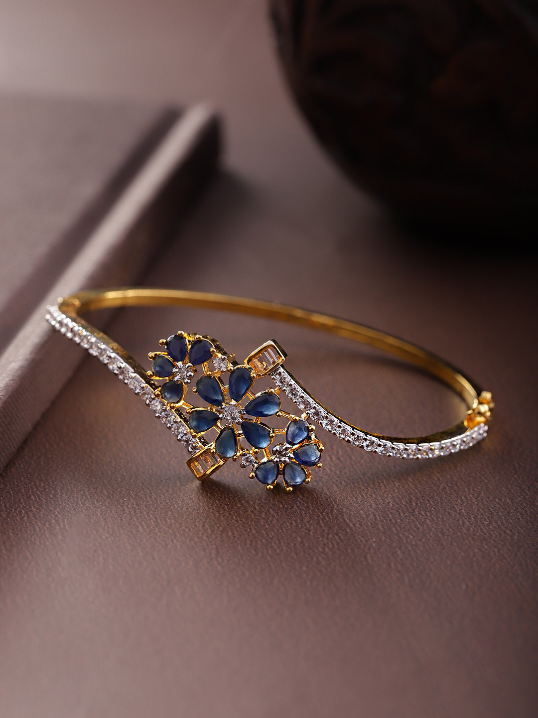 Priyaasi Women Gold-Polished American Diamond Studded, Floral Patterned Bracelet in Blue Color - Noz2Toz