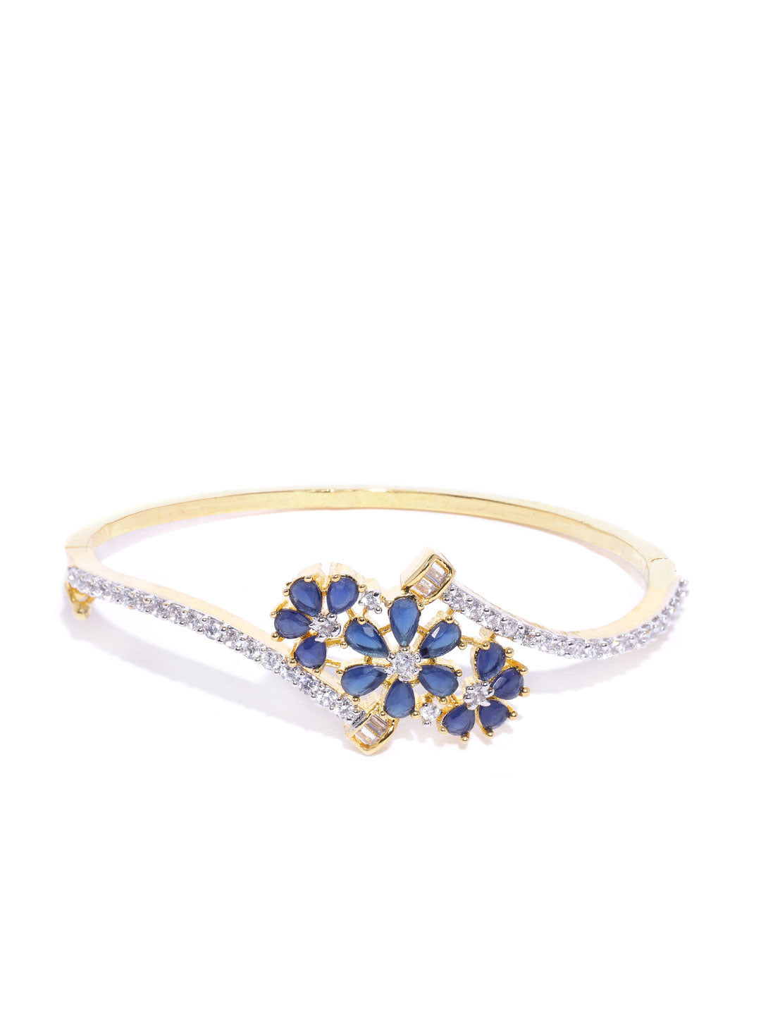 Priyaasi Women Gold-Polished American Diamond Studded, Floral Patterned Bracelet in Blue Color - Swadesiicart