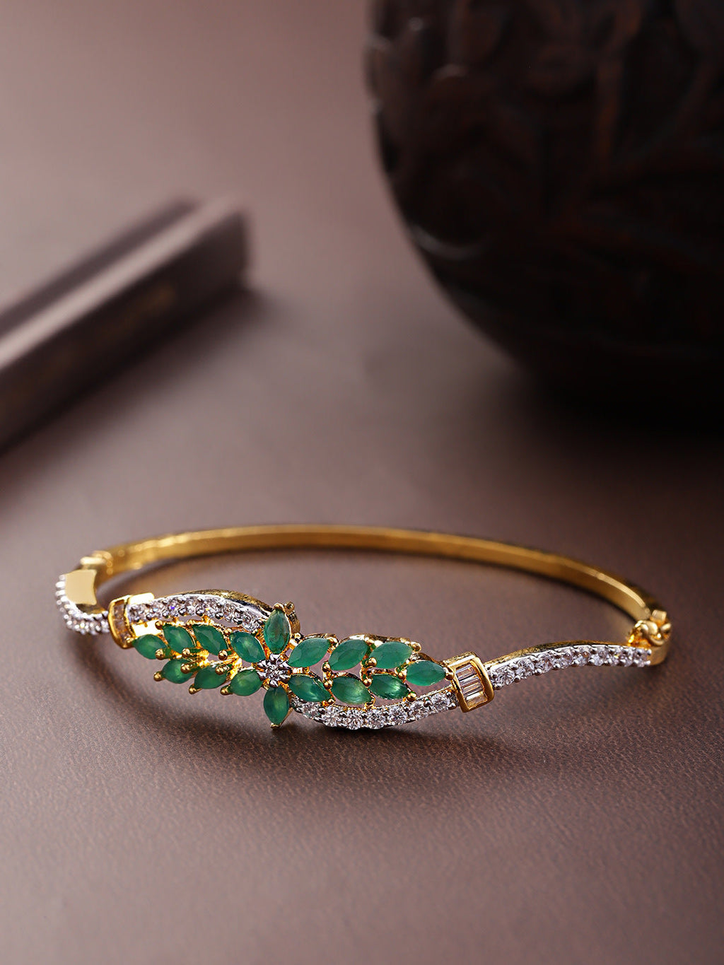 Priyaasi Women Gold-Polished American Diamond and Emerald Studded, Floral Patterned Bracelet in Green Color - Noz2Toz