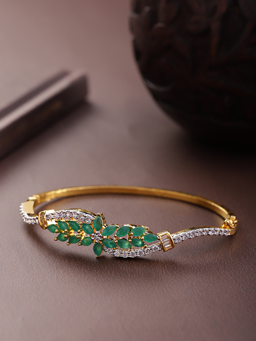 Priyaasi Women Gold-Polished American Diamond and Emerald Studded, Floral Patterned Bracelet in Green Color - Noz2Toz
