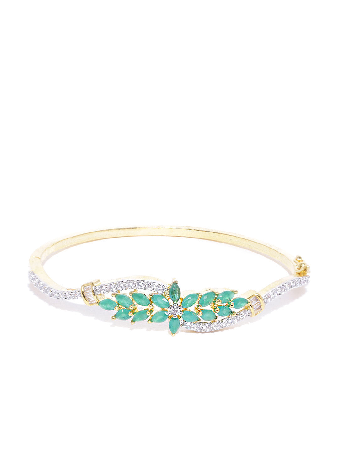 Priyaasi Women Gold-Polished American Diamond and Emerald Studded, Floral Patterned Bracelet in Green Color - Swadesiicart