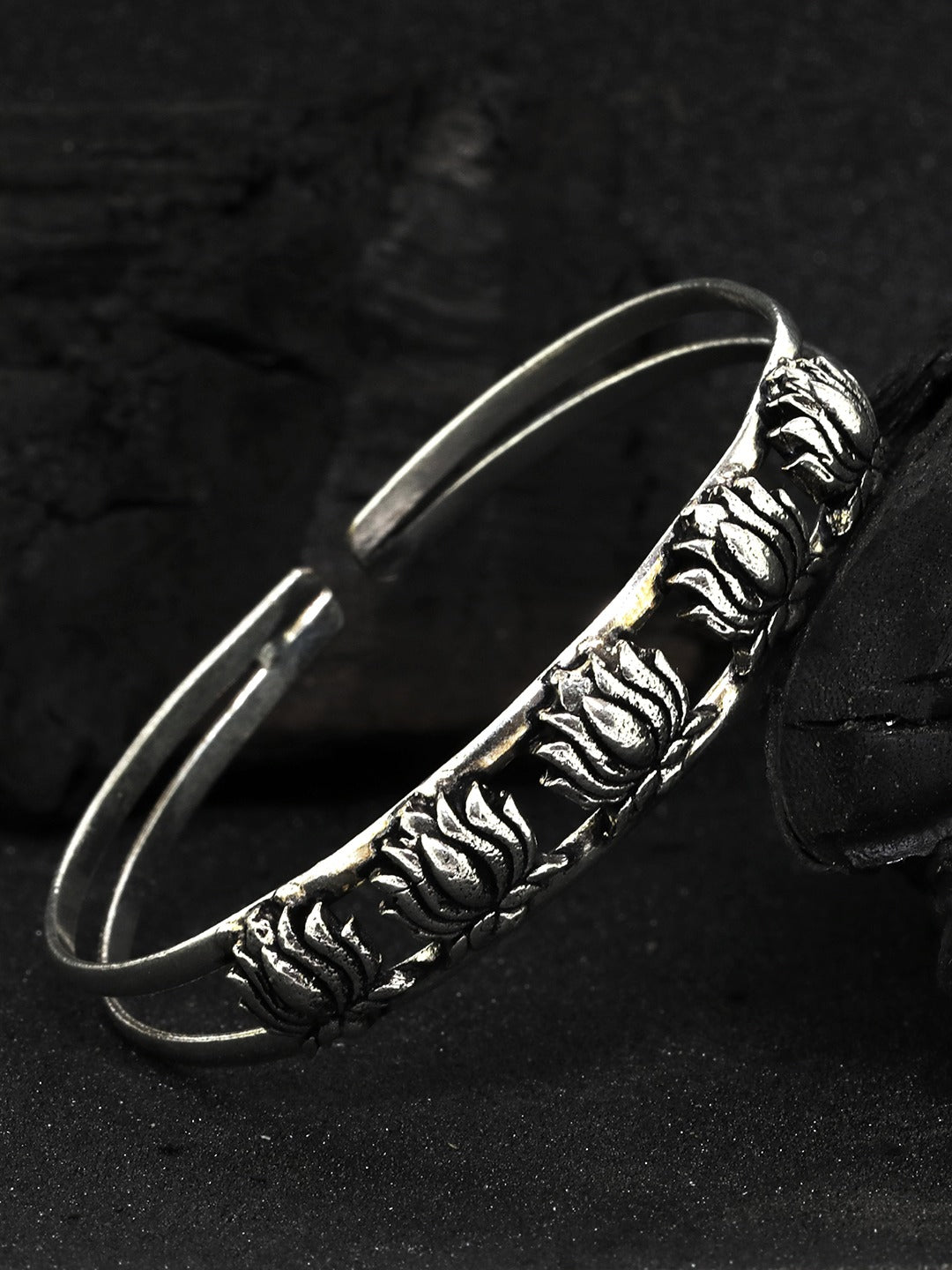 Priyaasi Women Oxidized Silver-Plated Cuff Bracelet with floral pattern - Noz2Toz