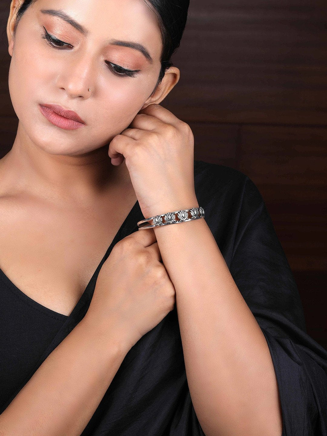 Priyaasi Women Oxidized Silver-Plated Cuff Bracelet with floral pattern - Swadesiicart