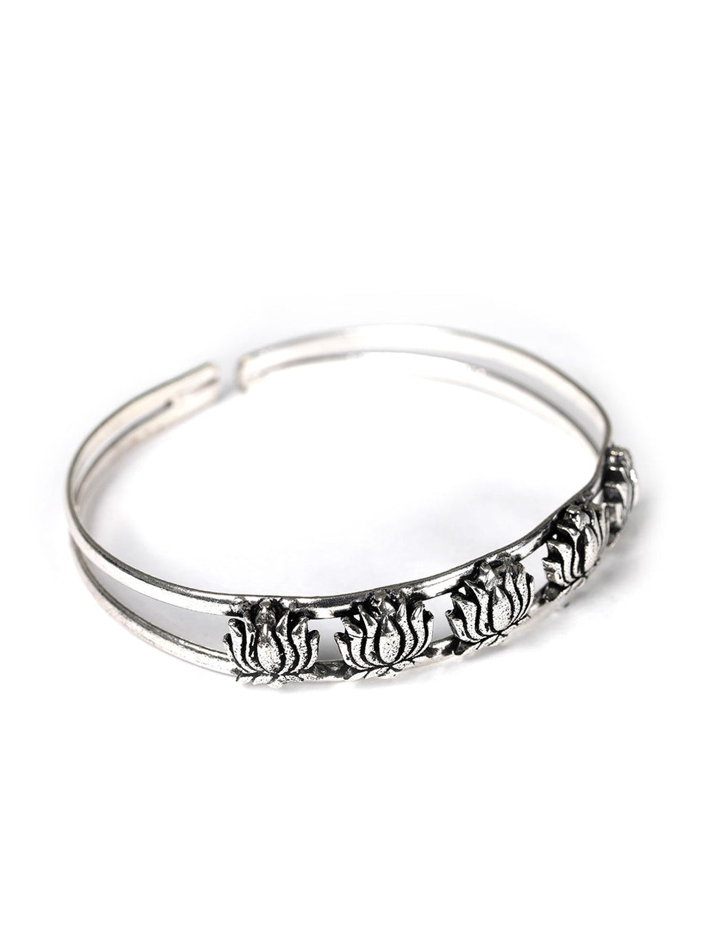 Priyaasi Women Oxidized Silver-Plated Cuff Bracelet with floral pattern - Swadesiicart