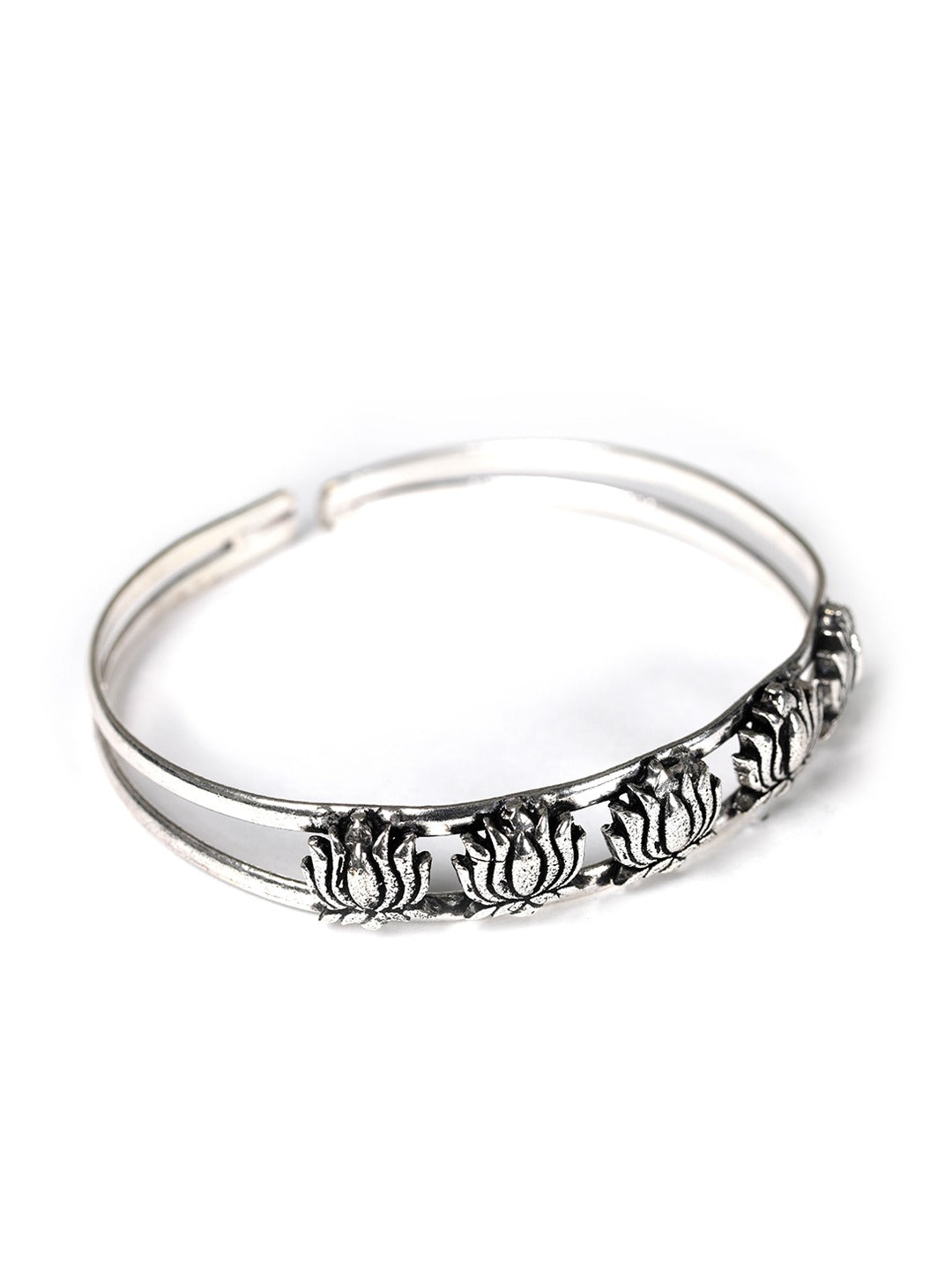 Priyaasi Women Oxidized Silver-Plated Cuff Bracelet with floral pattern - Swadesiicart