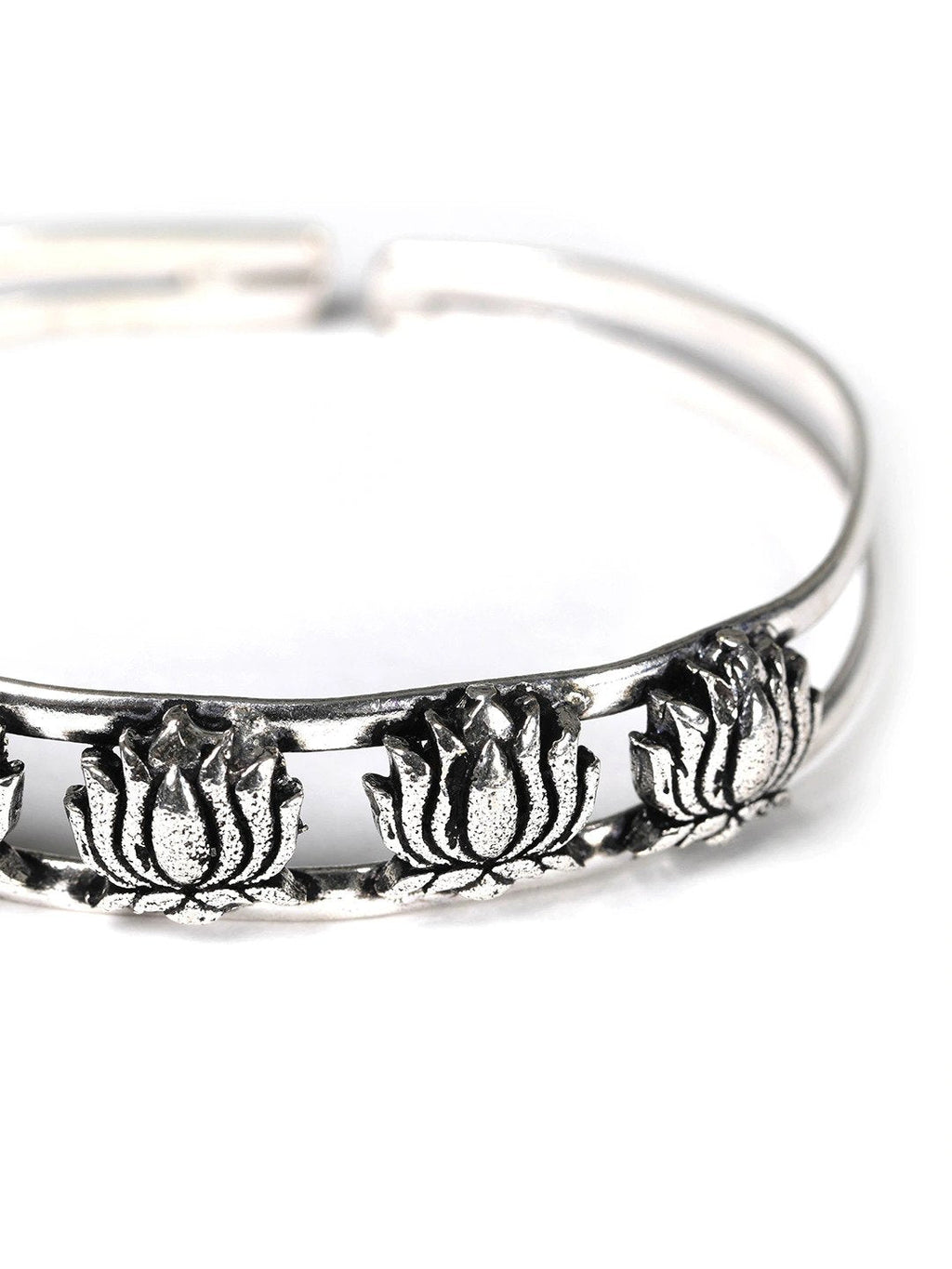 Priyaasi Women Oxidized Silver-Plated Cuff Bracelet with floral pattern - Swadesiicart