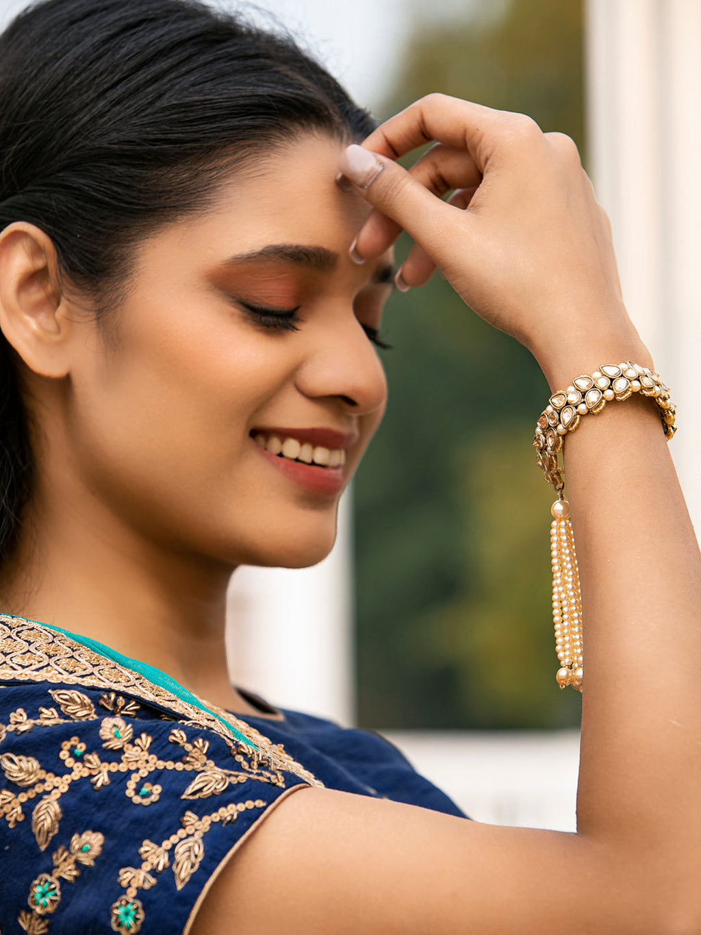 Priyaasi Women Kundan Gold-Polished Leaf Wraparound Bracelet - Swadesiicart